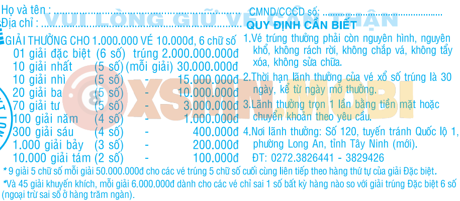 Thông tin cơ cấu giải thưởng XSMN in sẵn trên vé số