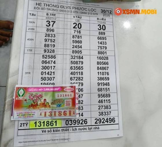Tờ vé số trúng độc đắc theo kết quả xổ số miền Nam ngày 30 tháng 12 năm 2025