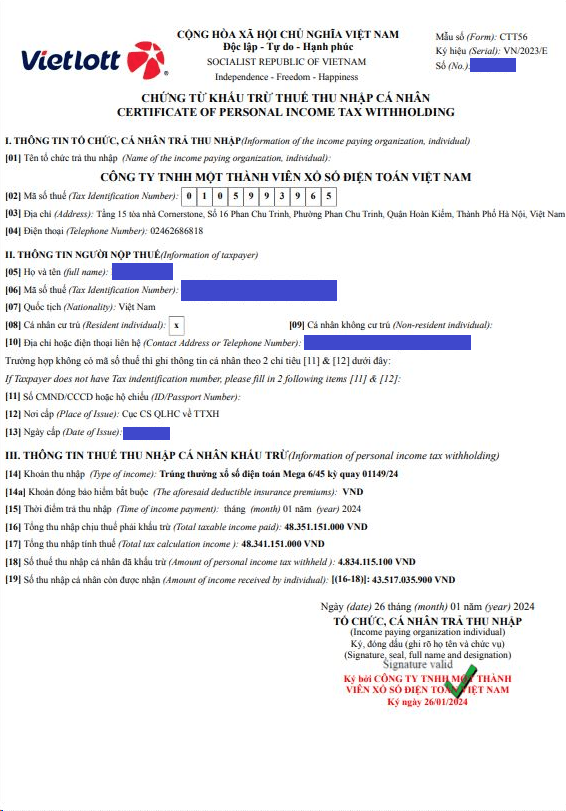 Chứng từ khấu trừ thuế thu nhập cá nhân của chị P.V