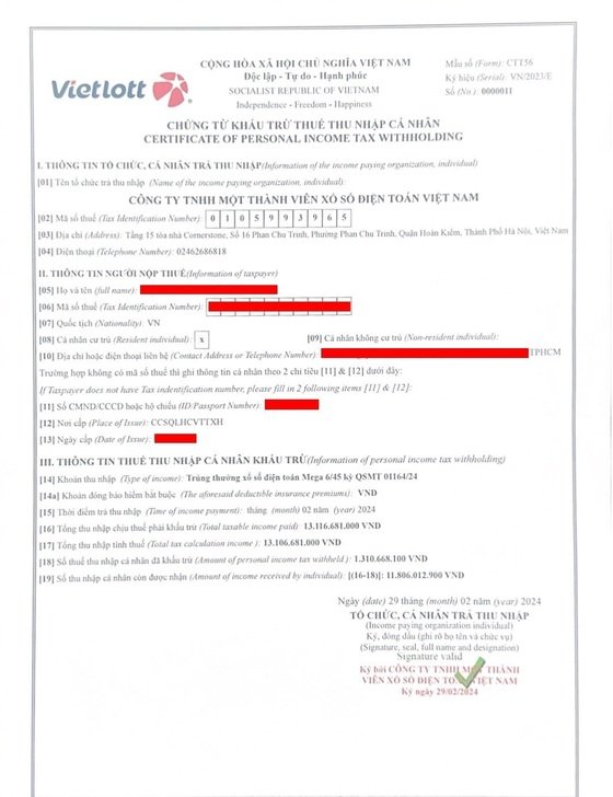 Chứng từ khấu trừ thuế thu nhập cá nhân của ông L.