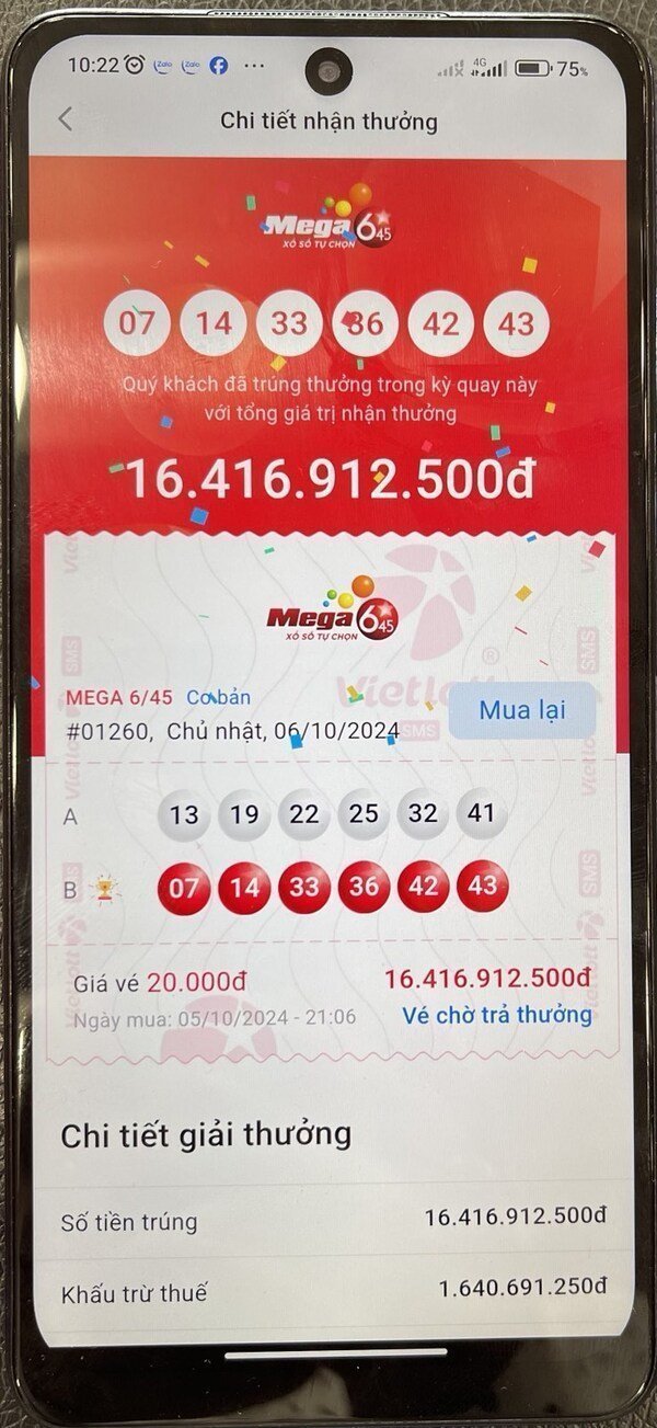 Màn hình trúng thưởng của anh Q